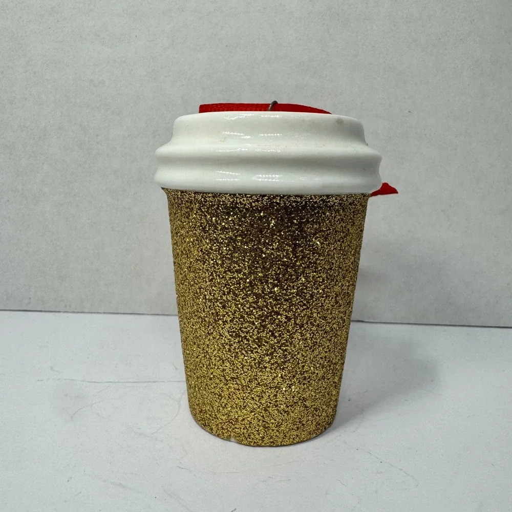 Starbucks 2018 Gold Glitter Coffee‎ Cup Ceramic Christmas Ornament 2.5 Inches EC